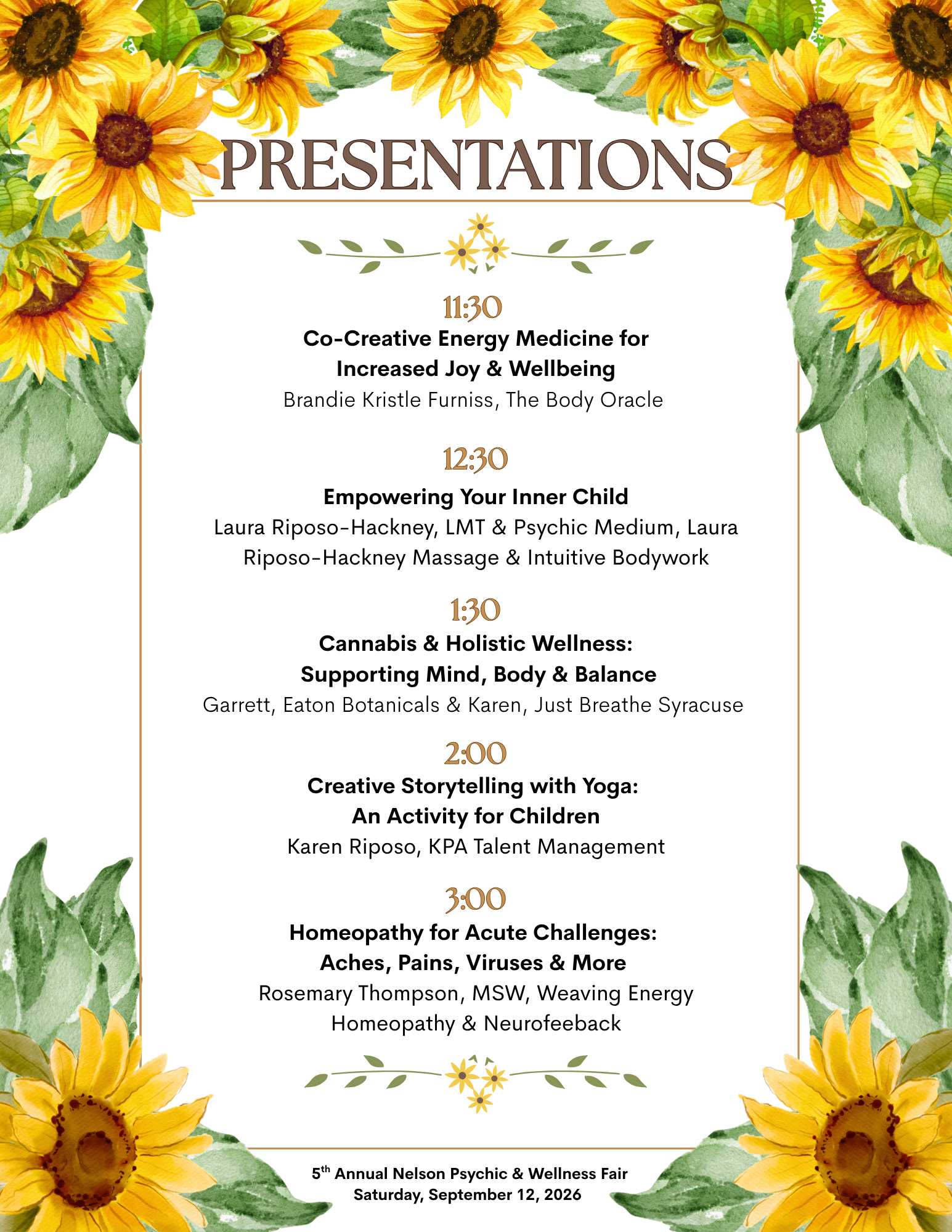 2026 Nelson Psychic & Wellness Fair presentation schedule